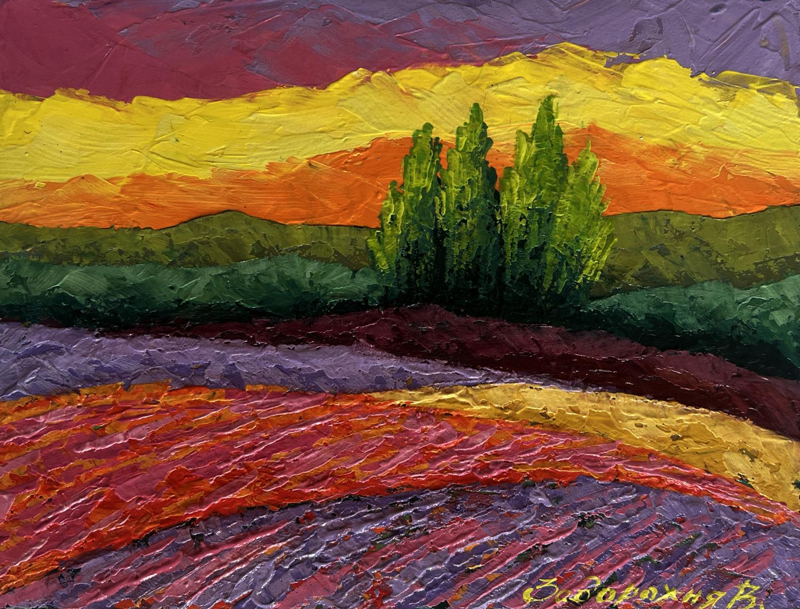Vibrant impressionist oil painting of lavender field at sunset by V. Zadorozhnya