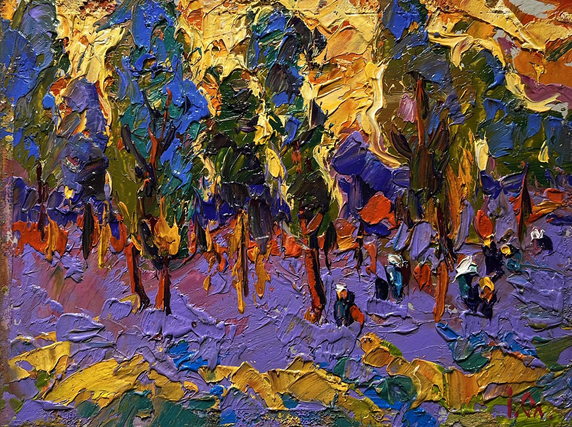Vibrant impressionist oil painting of yellow sunset behind trees by Oleksiy Ivanyuk
