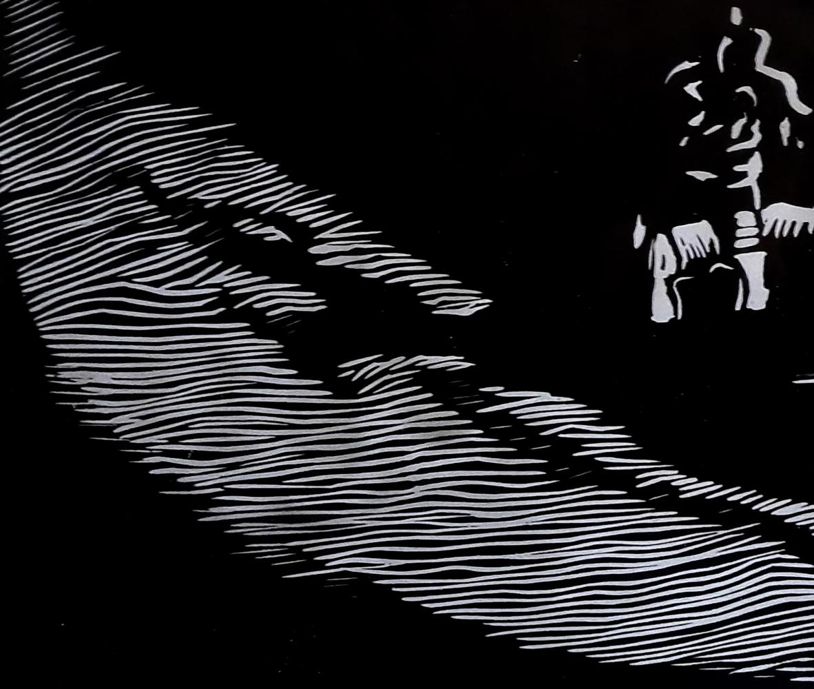 Stylized white line-art rider on horseback, Vasily Korkishko painting style