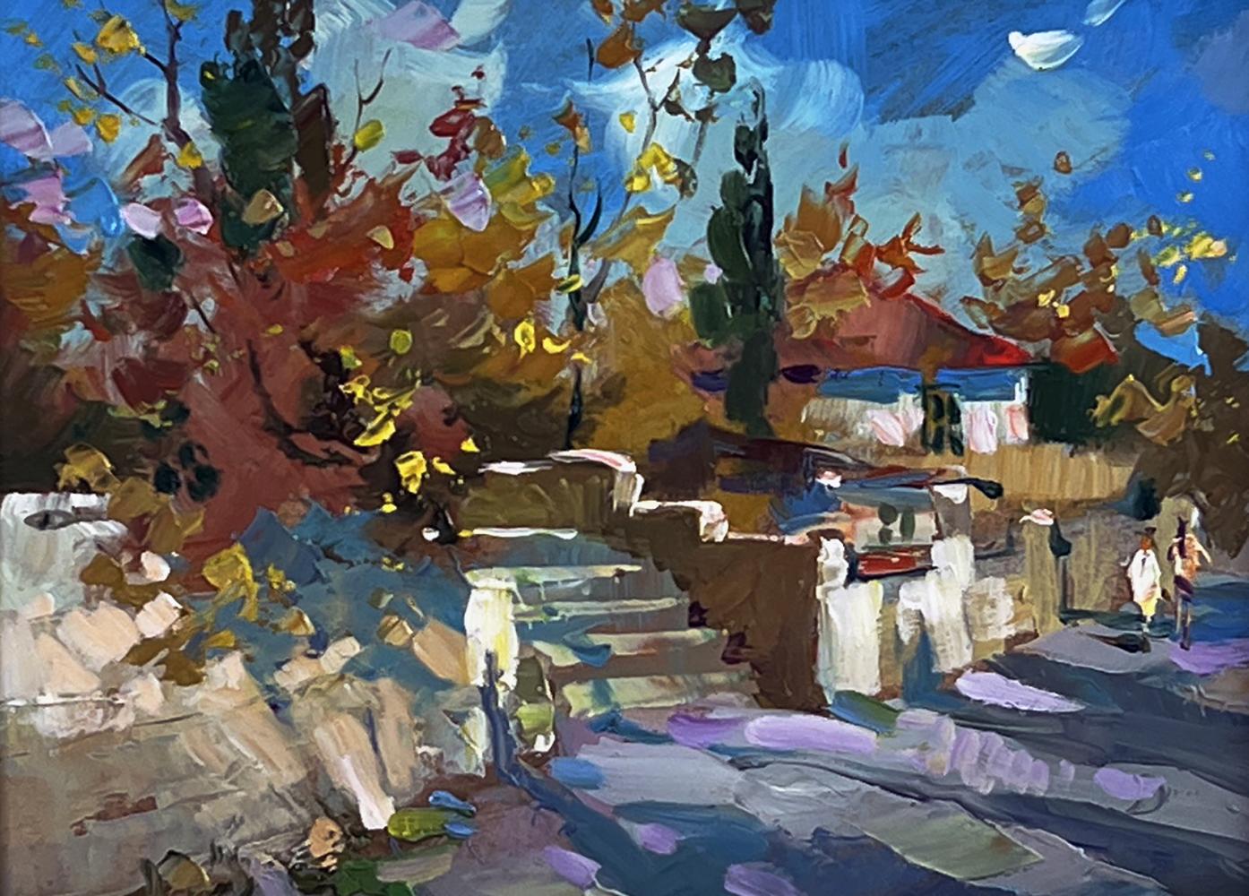 Vibrant impressionist oil painting by Yuriy Suprunchuk: autumn village street with stone steps