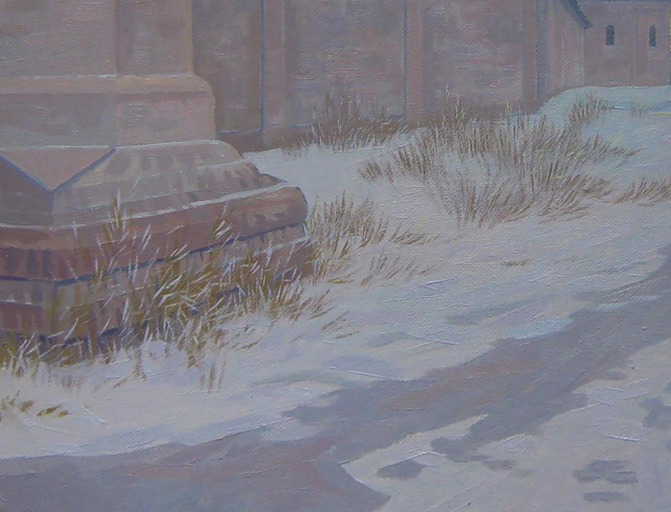 Oil painting Winter evening Valery Savenets: snowy stone monument base