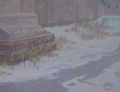 Oil painting Winter evening Valery Savenets: snowy stone monument base