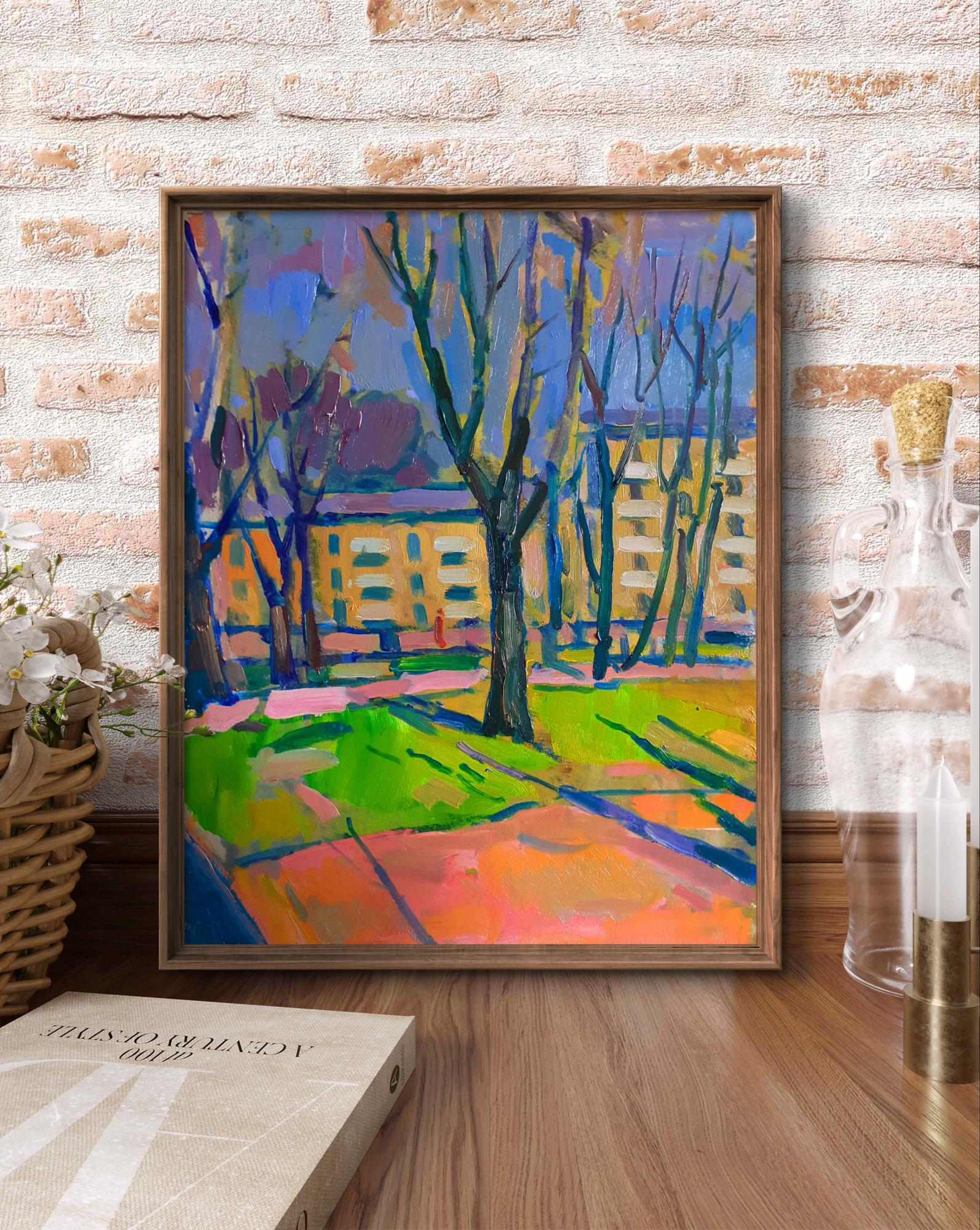 Vibrant urban park oil painting by Pavel Dobrev in wooden frame