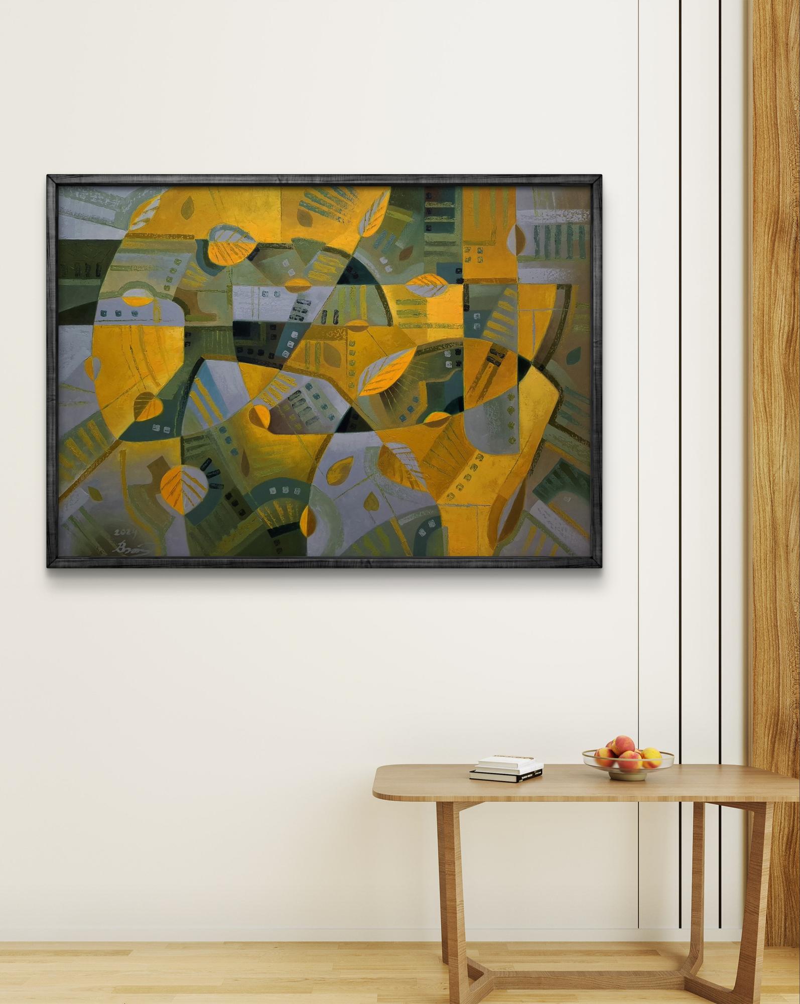 Oil painting October wind by Sergiy Voichenko, bold yellow green gray geometric shapes in black frame