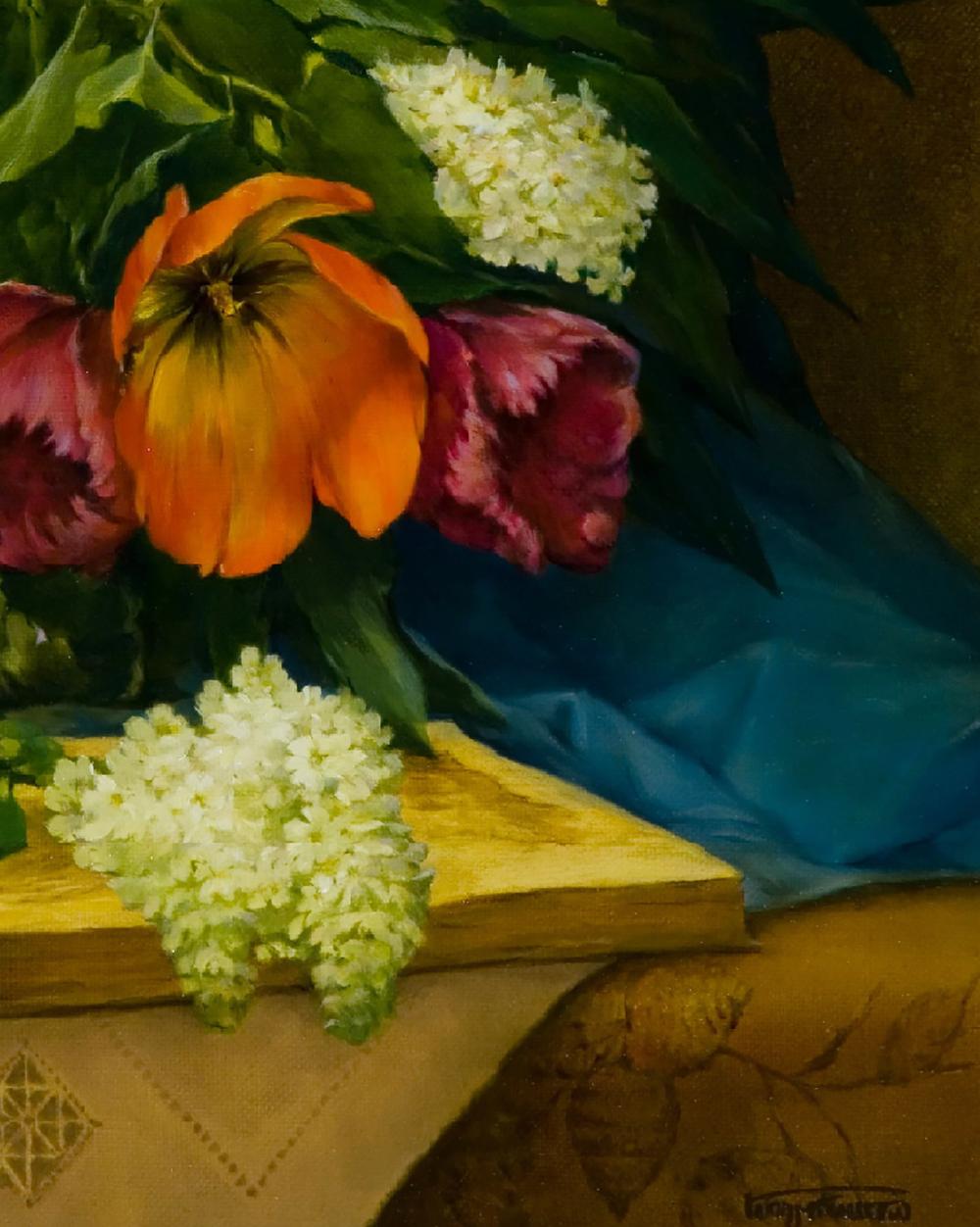 Vibrant orange pink tulips white hydrangeas oil painting by Vasily Korkishko