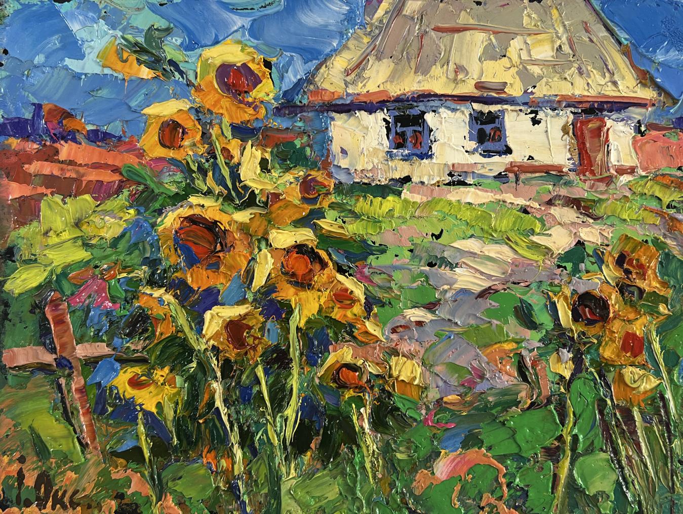 Vibrant yellow sunflowers oil painting by Oksana Ivanyuk