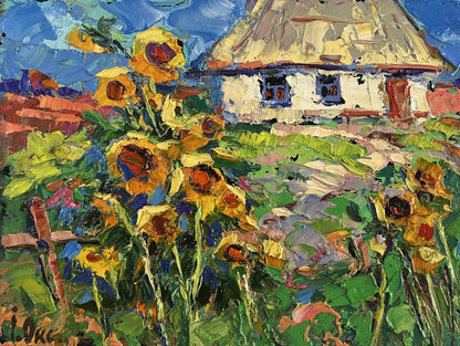 Vibrant yellow sunflowers oil painting by Oksana Ivanyuk