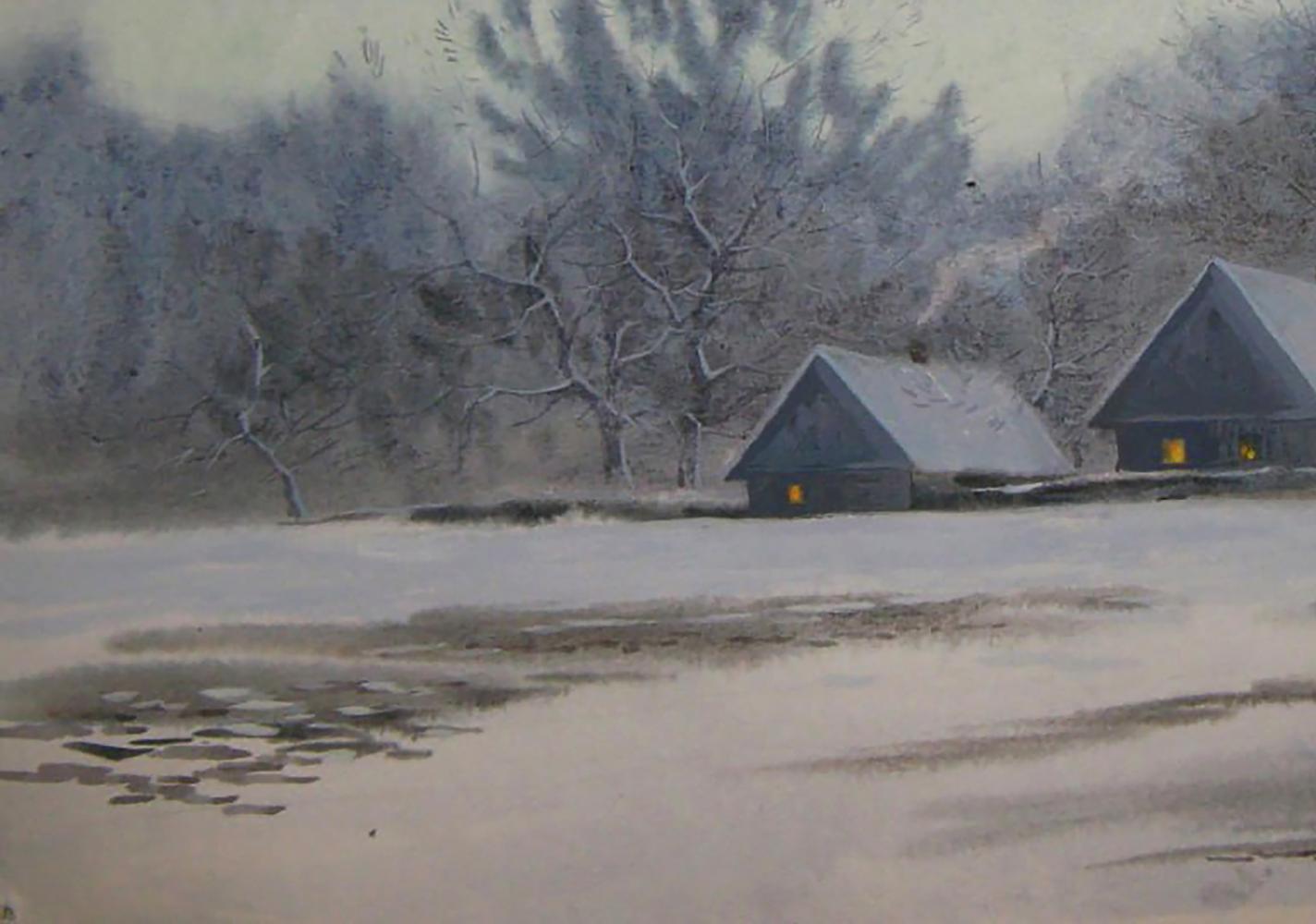 Watercolor painting of snow-covered winter village cabins by Valery Savenets