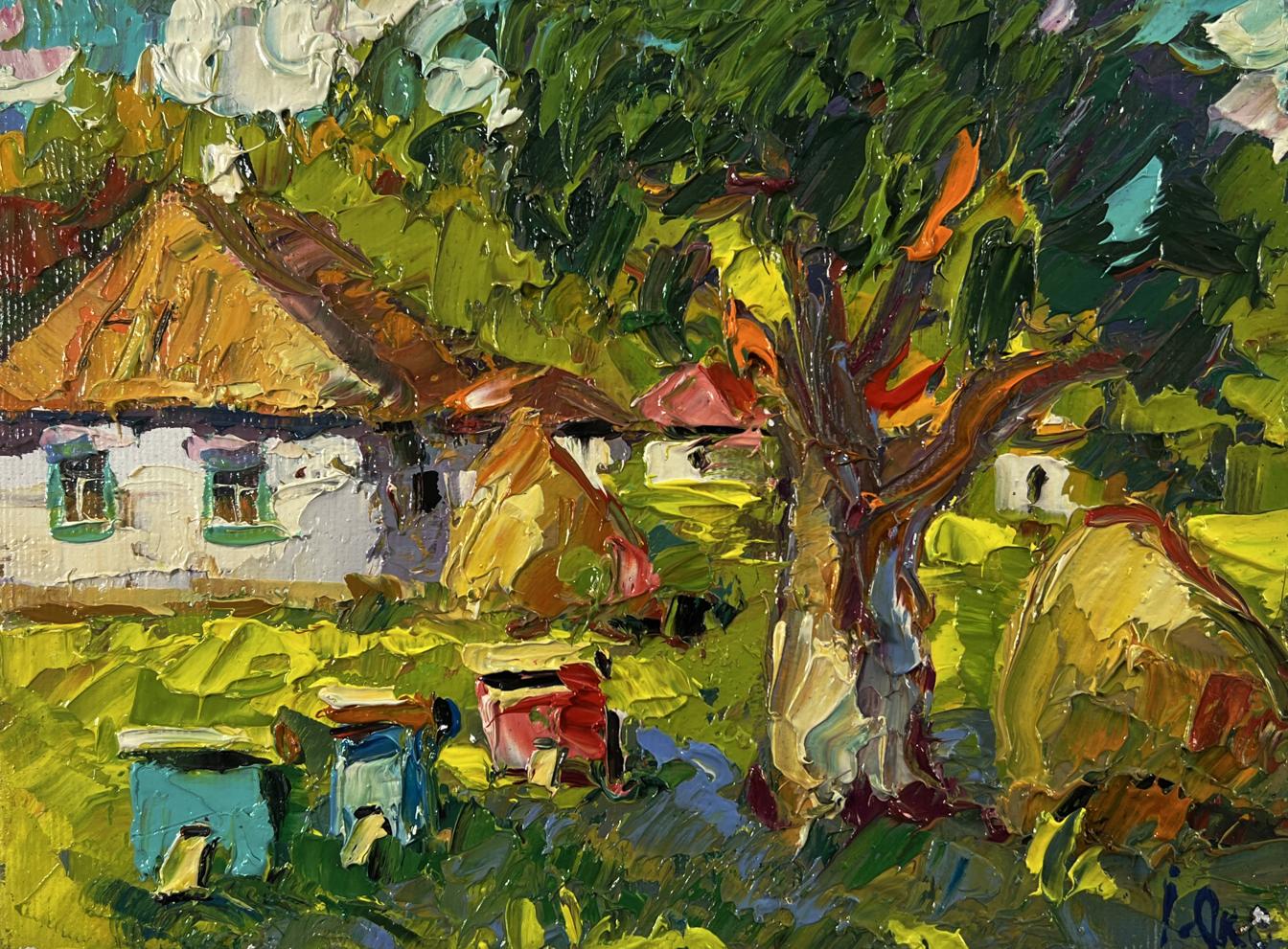 Oil painting of Oksana Ivanyuk village yard with apiary, white house and beehives