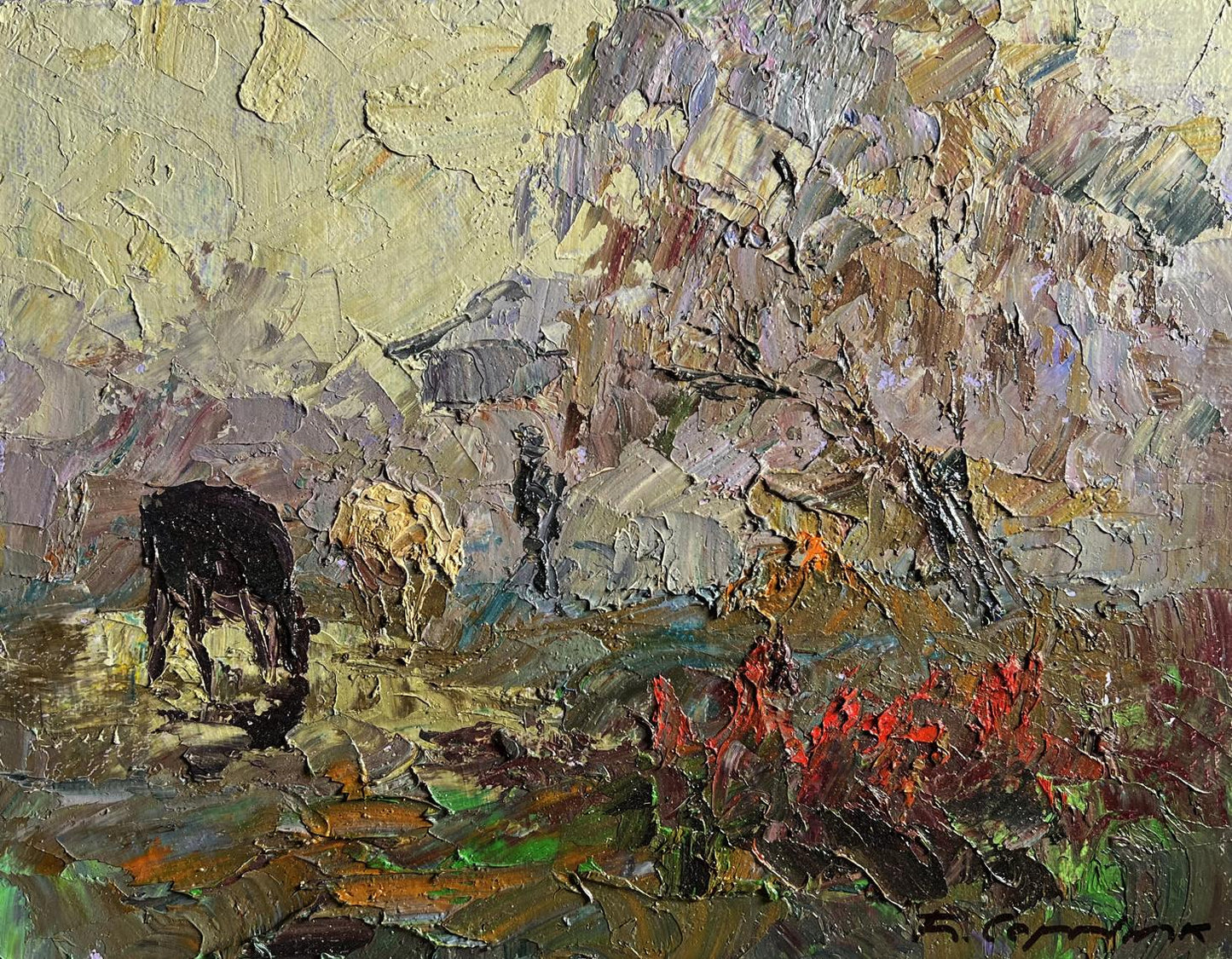 Textured oil painting of Autumn morning fog with cows and trees by Boris Serdyuk