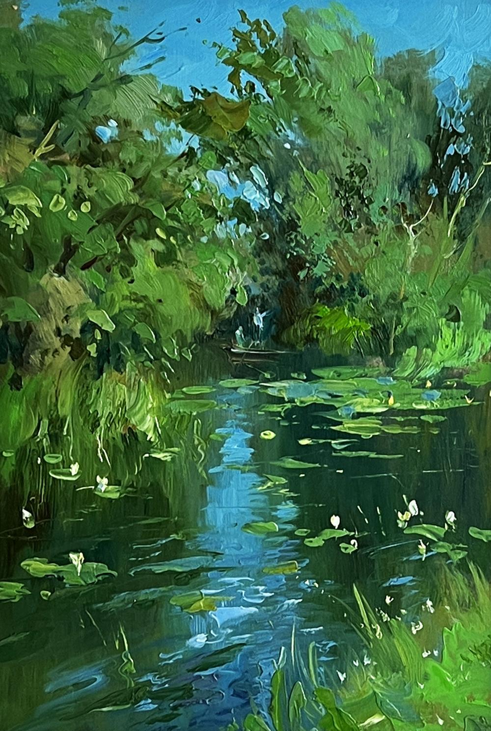 Vibrant impressionist oil painting of forest summer lake by Yuriy Suprunchuk