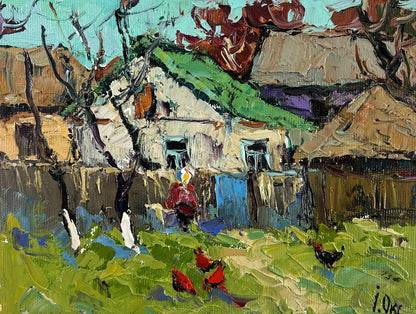 Oil painting First warm day by Oksana Ivanyuk rustic village scene