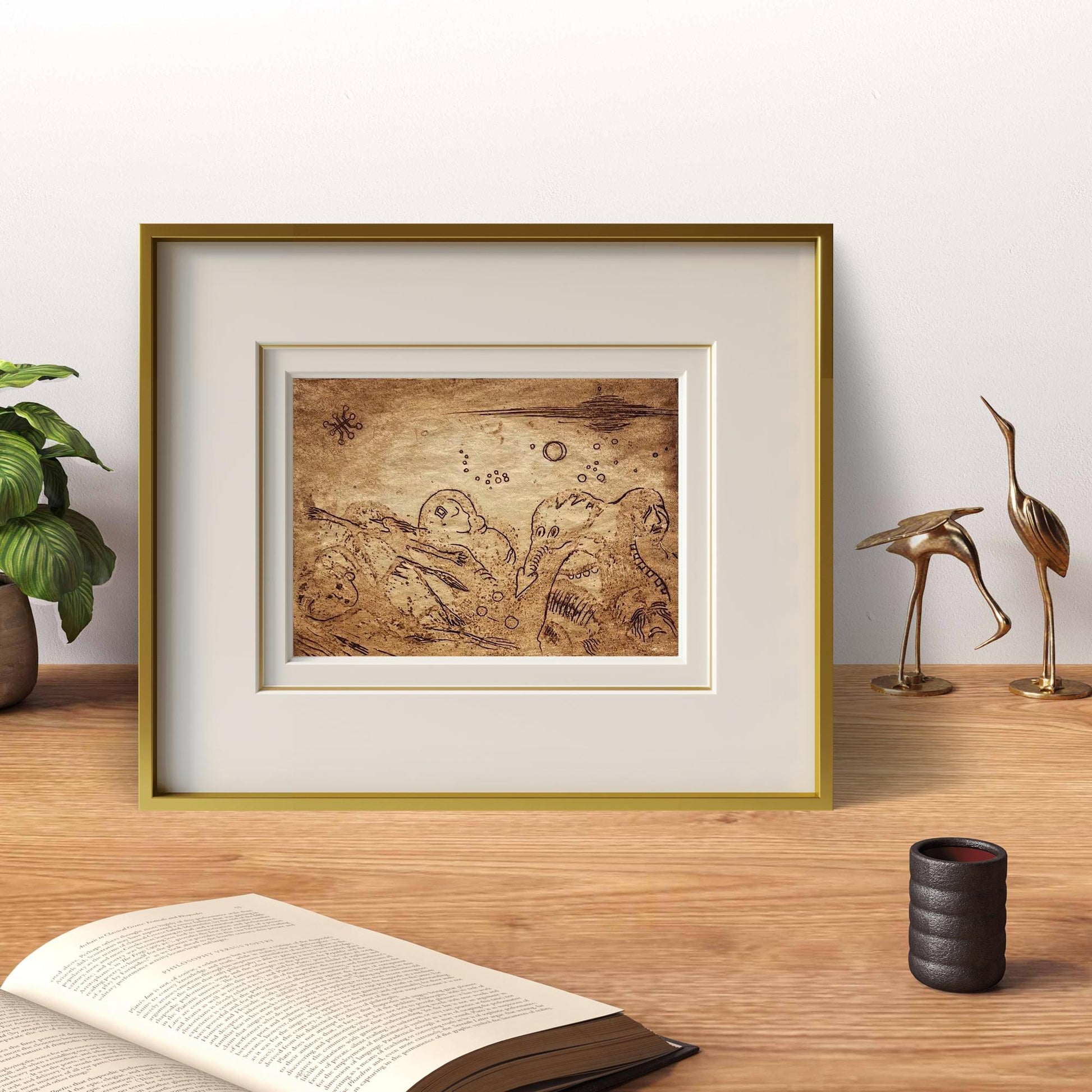Framed etching painting Night by Oleksandr Zhmailo with gold frame