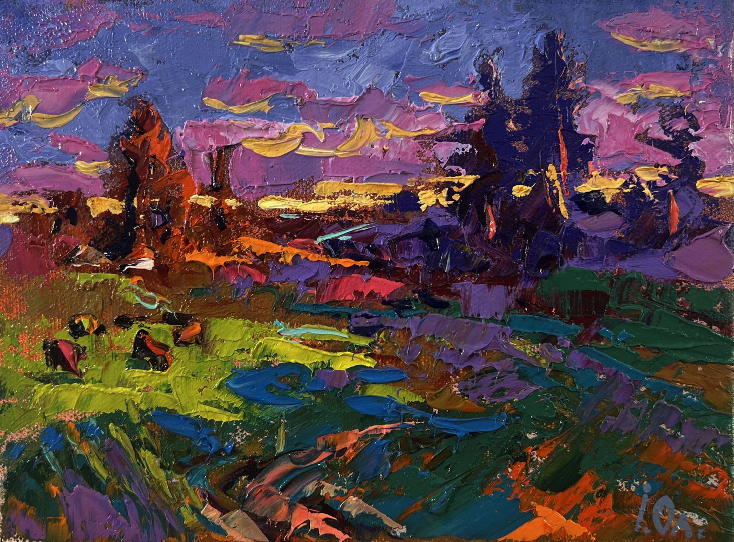 Vibrant Oleksiy Ivanyuk oil painting Summer blue night with purple pink gold skies over lush green field