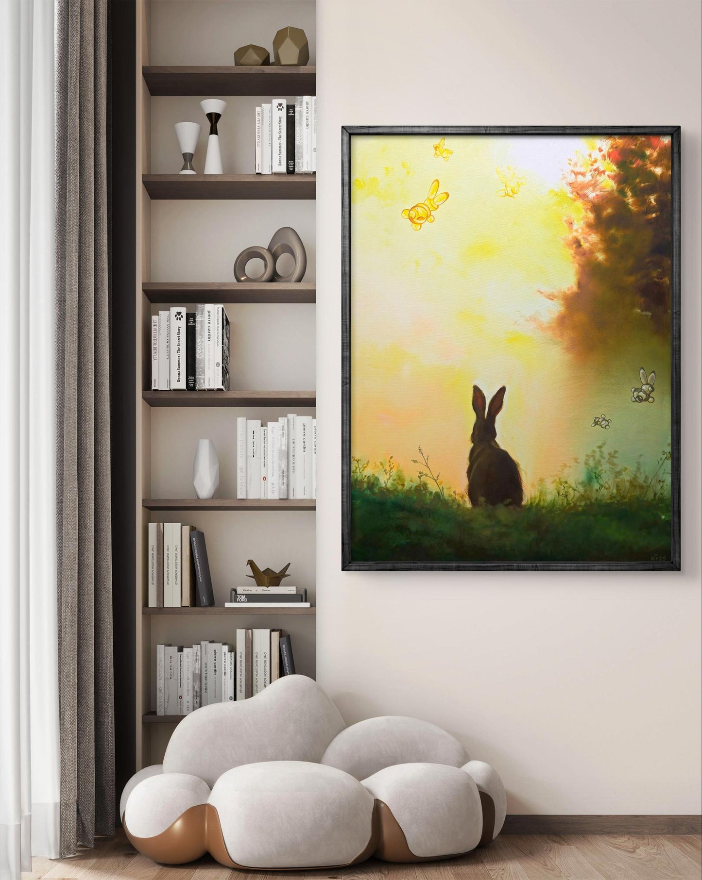 Oil painting Hare in the Fog by Igor Konovalov, rabbit silhouette sunset