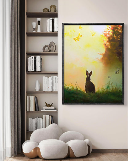 Oil painting Hare in the Fog by Igor Konovalov, rabbit silhouette sunset