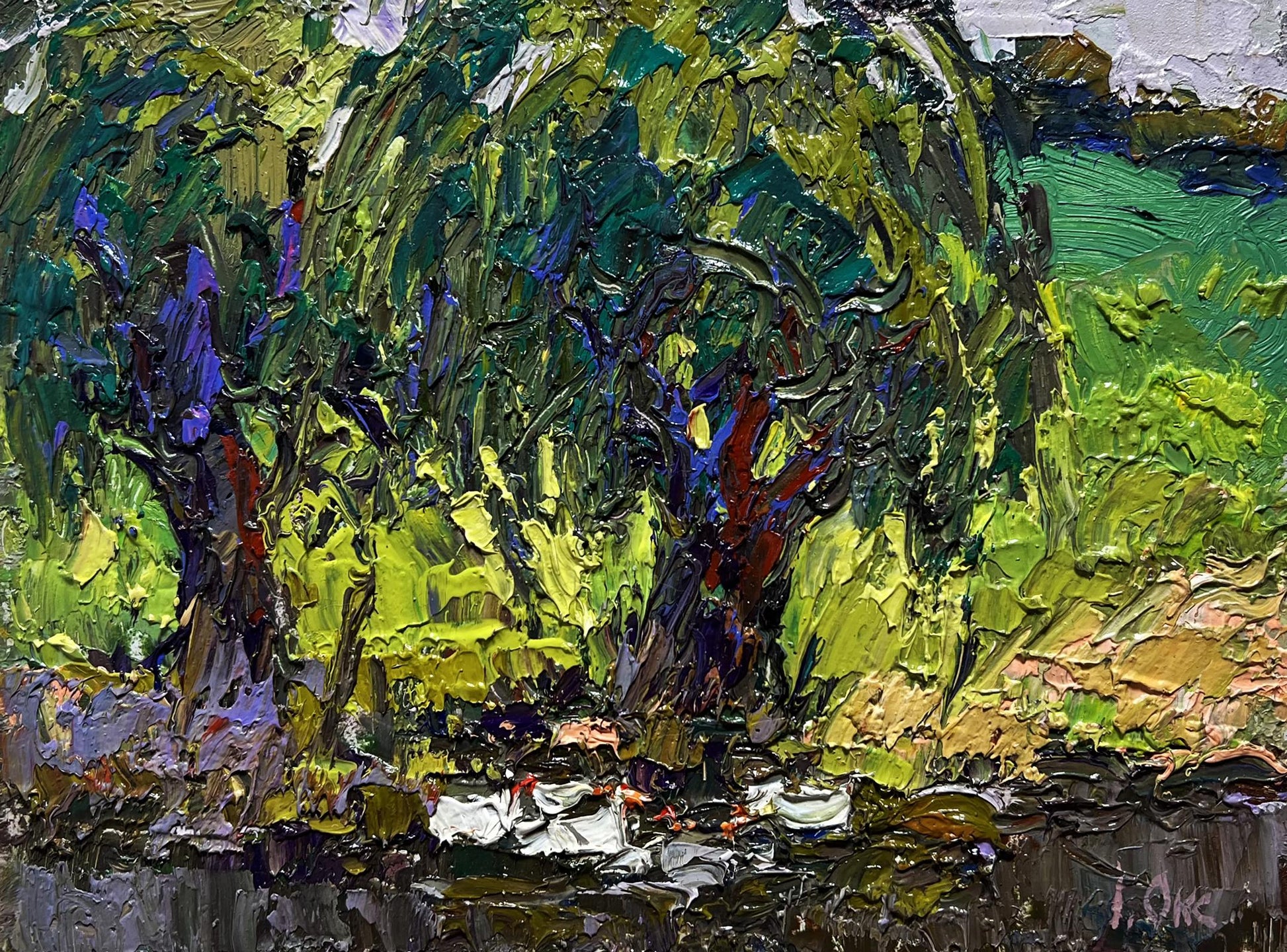 Oil painting The ducks hid near the tree by Oksana Ivanyuk lush forest scene
