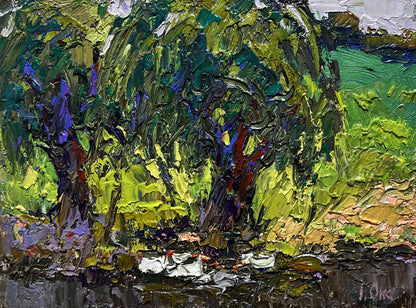 Oil painting The ducks hid near the tree by Oksana Ivanyuk lush forest scene