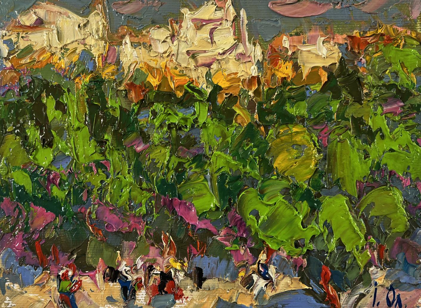 Vibrant impressionist oil painting by Oleksiy Ivanyuk of city foliage and flowers
