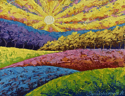 Vibrant oil painting of yellow sun rays over forest by V. Zadorozhnya