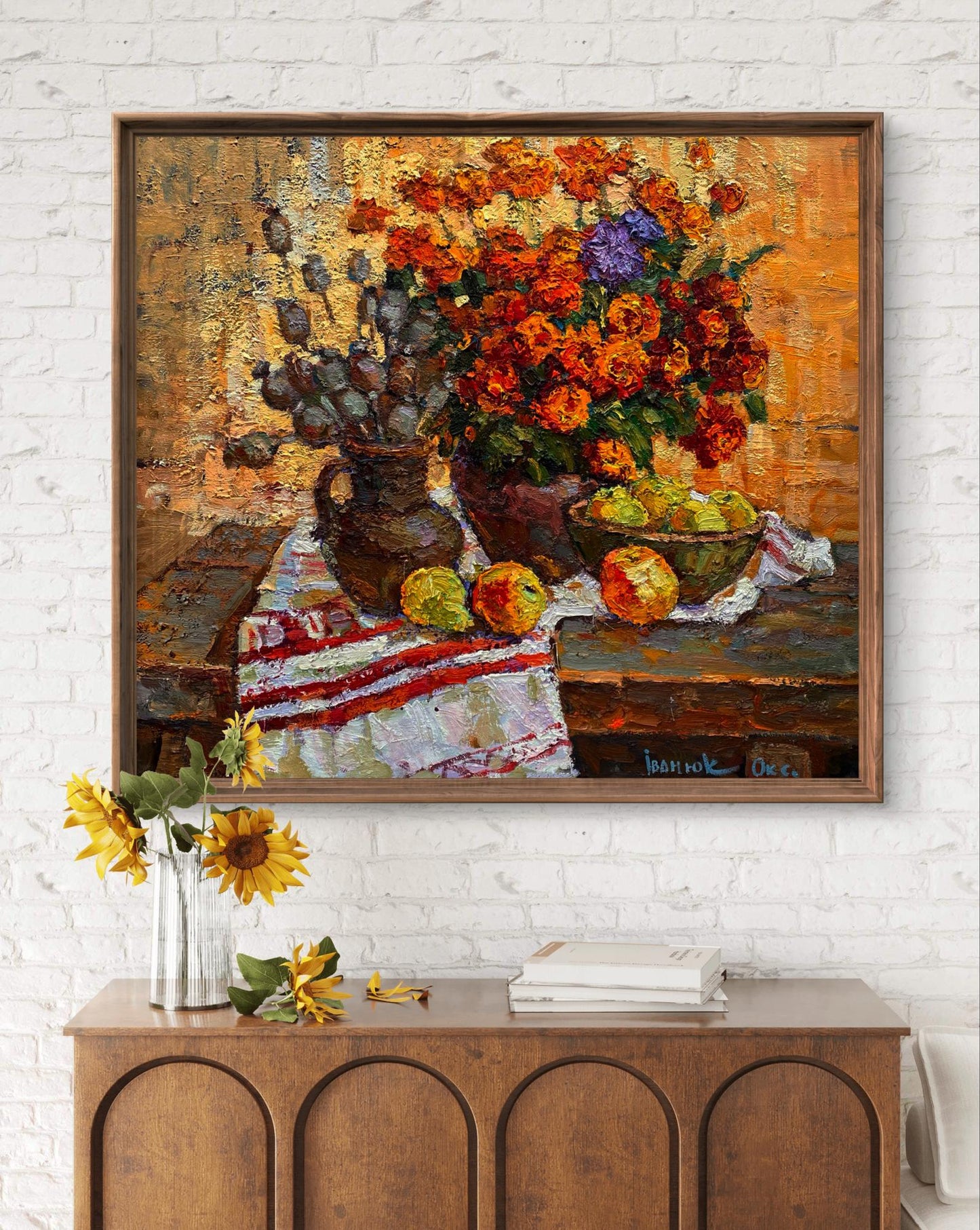 Oil painting Preparing for Apple Savior by Oksana Ivanyuk: vibrant flowers and apples