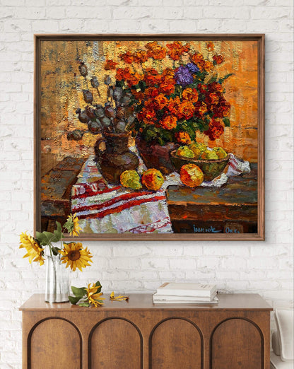 Oil painting Preparing for Apple Savior by Oksana Ivanyuk: vibrant flowers and apples