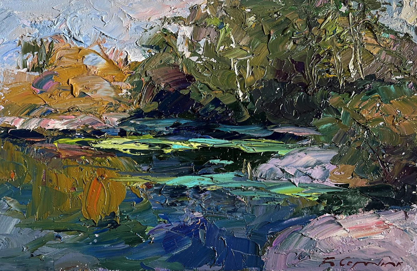 Impasto oil painting Relaxation on the Lake by Boris Serdyuk, river scene