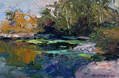 Impasto oil painting Relaxation on the Lake by Boris Serdyuk, river scene