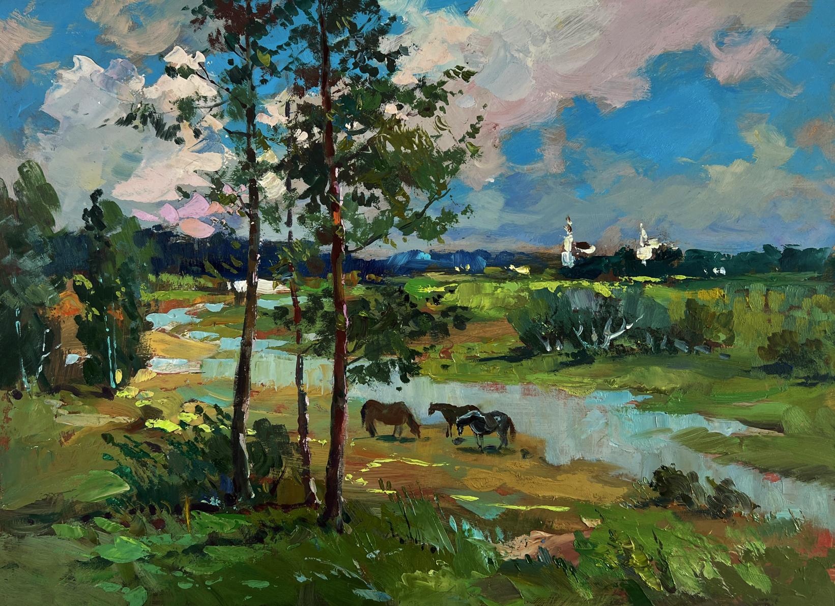 Vibrant impressionistic oil painting by Yuriy Suprunchuk: horses by river