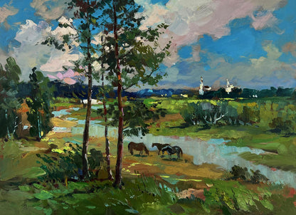 Vibrant impressionistic oil painting by Yuriy Suprunchuk: horses by river