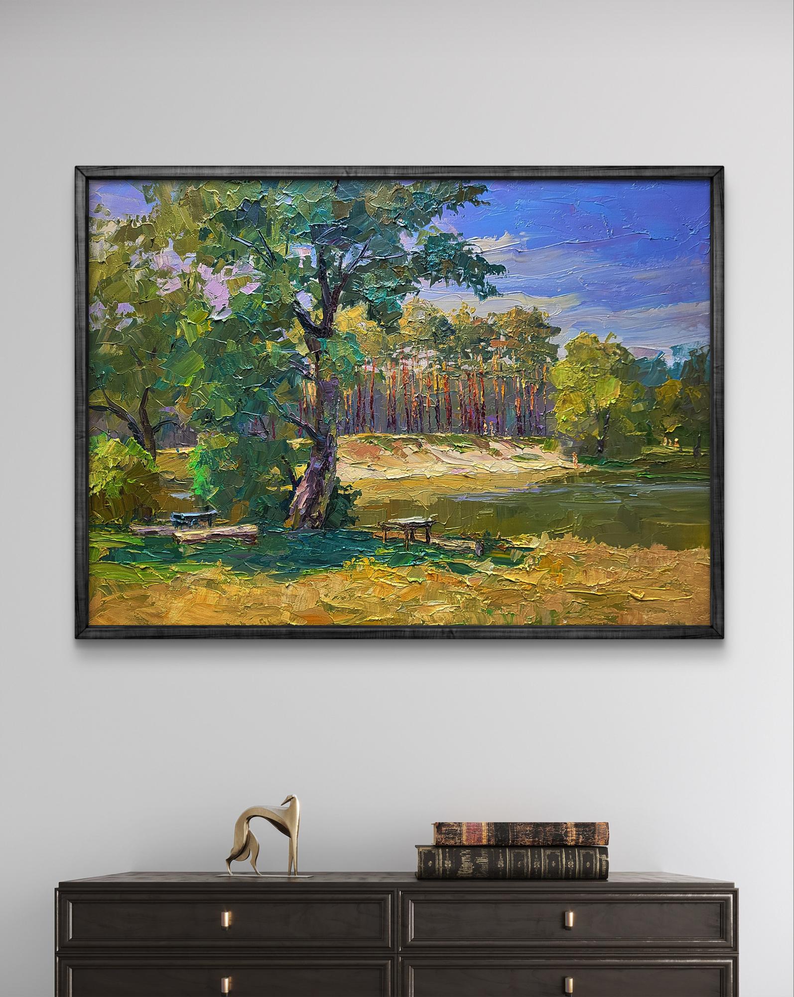 Oil painting The edge of the village by Boris Serdyuk with lush trees and river
