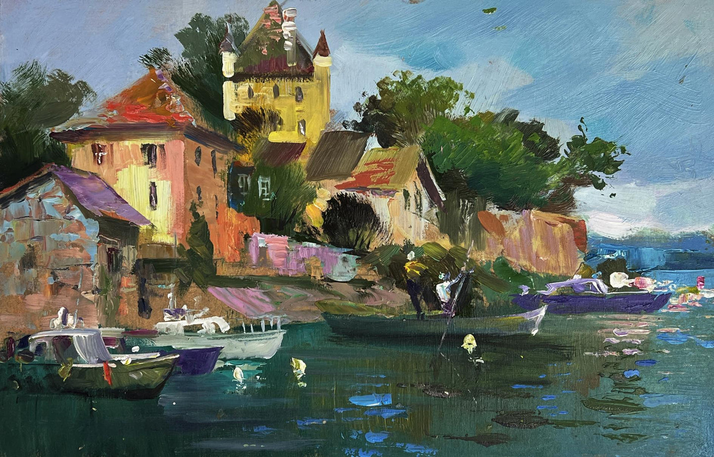 Vibrant impressionist oil painting by Yuriy Suprunchuk of boats near coastal house