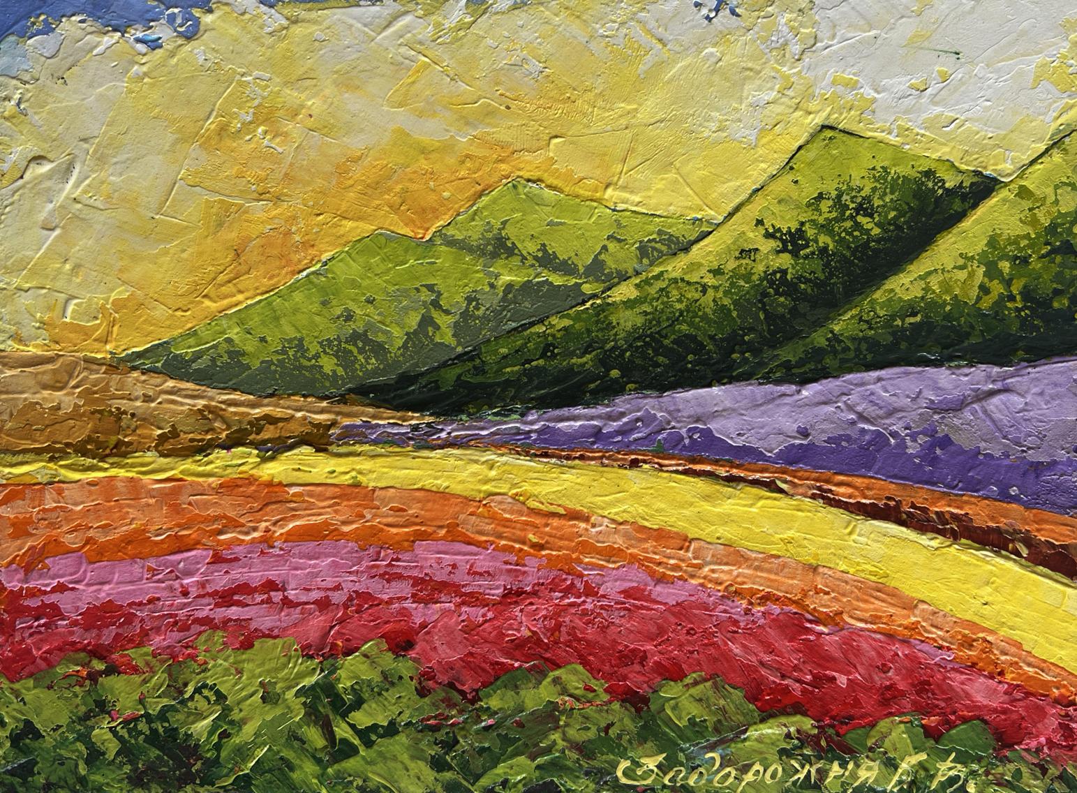 Vibrant impressionist oil painting Sunset behind the mountains by V. Zadorozhnya