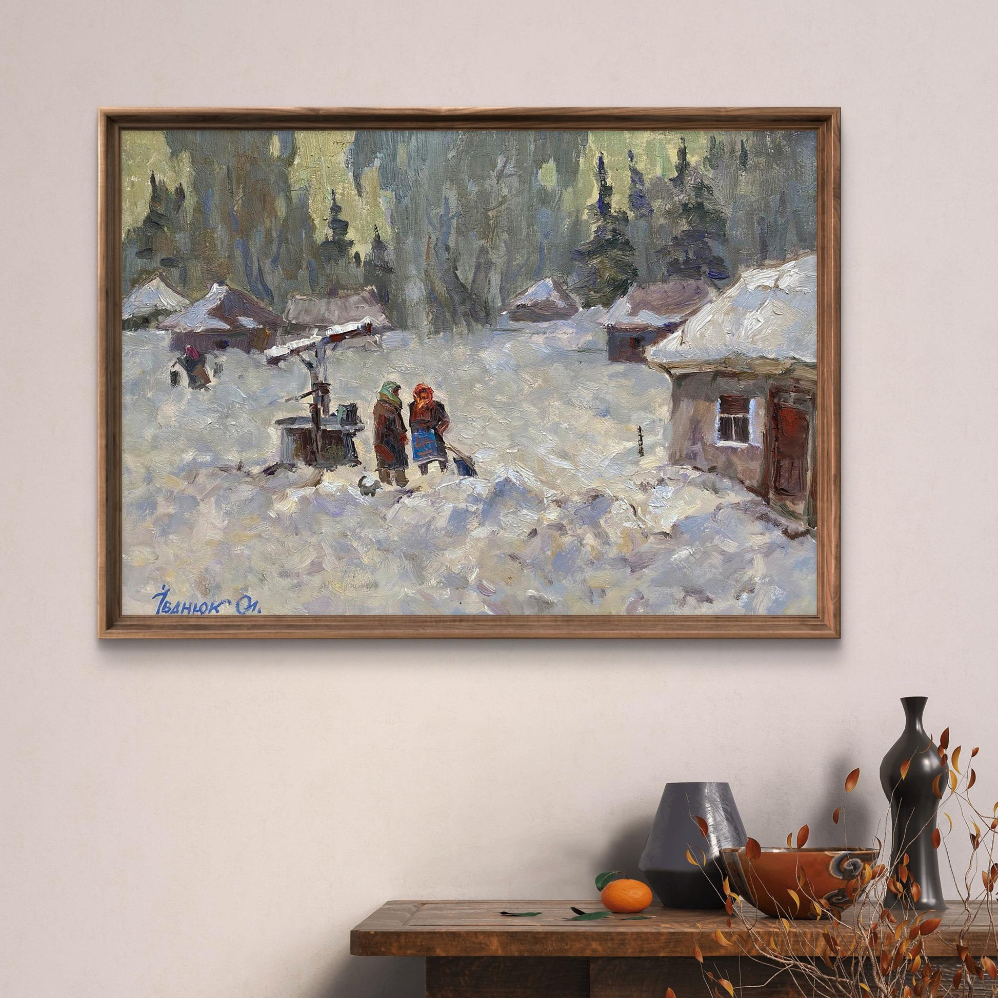 Framed oil painting of snowy village by Oleksiy Ivanyuk