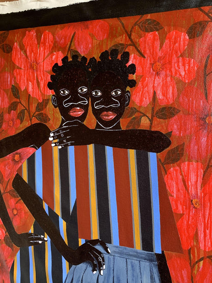 Vibrant acrylic painting The Hug That Holds the World by Akintomide Akinshola