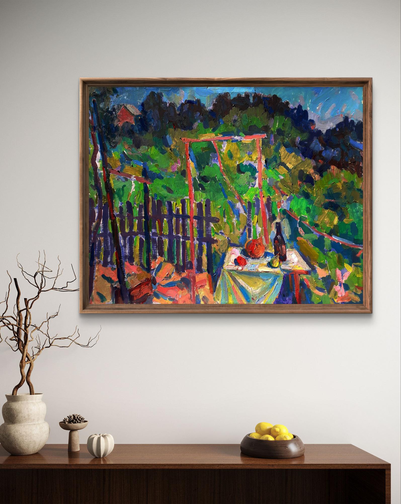Vibrant impressionistic oil painting In the garden by Pavel Dobrev in wooden frame