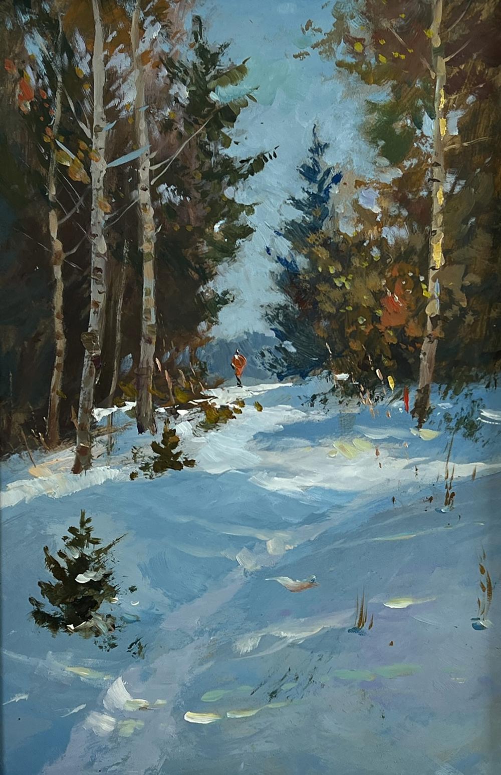 Serene winter forest oil painting by Yuriy Suprunchuk with birch trees