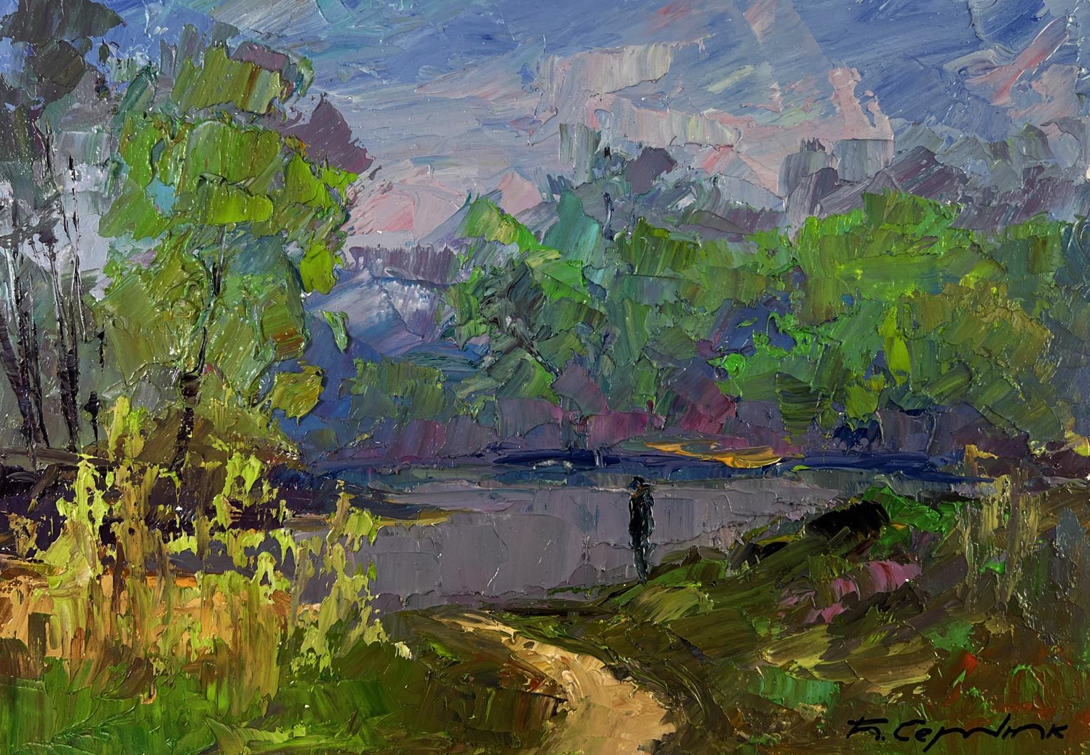 Vibrant green blue impressionist oil painting Morning walk along the river by Boris Serdyuk