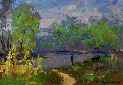 Vibrant green blue impressionist oil painting Morning walk along the river by Boris Serdyuk