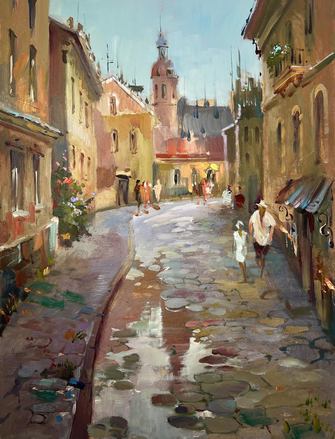 Oil painting Childhood Alley by Yuriy Suprunchuk, warm cobblestone street
