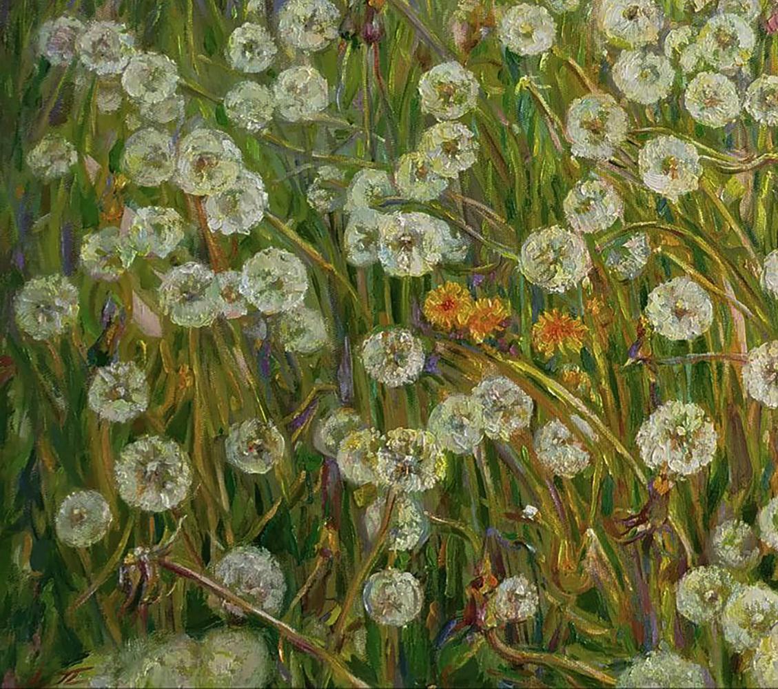 Impressionistic oil painting of blooming dandelions by Leonid Pavlenko