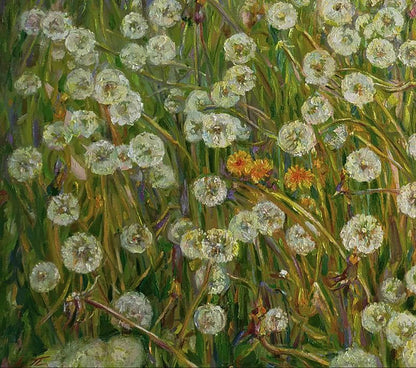 Impressionistic oil painting of blooming dandelions by Leonid Pavlenko