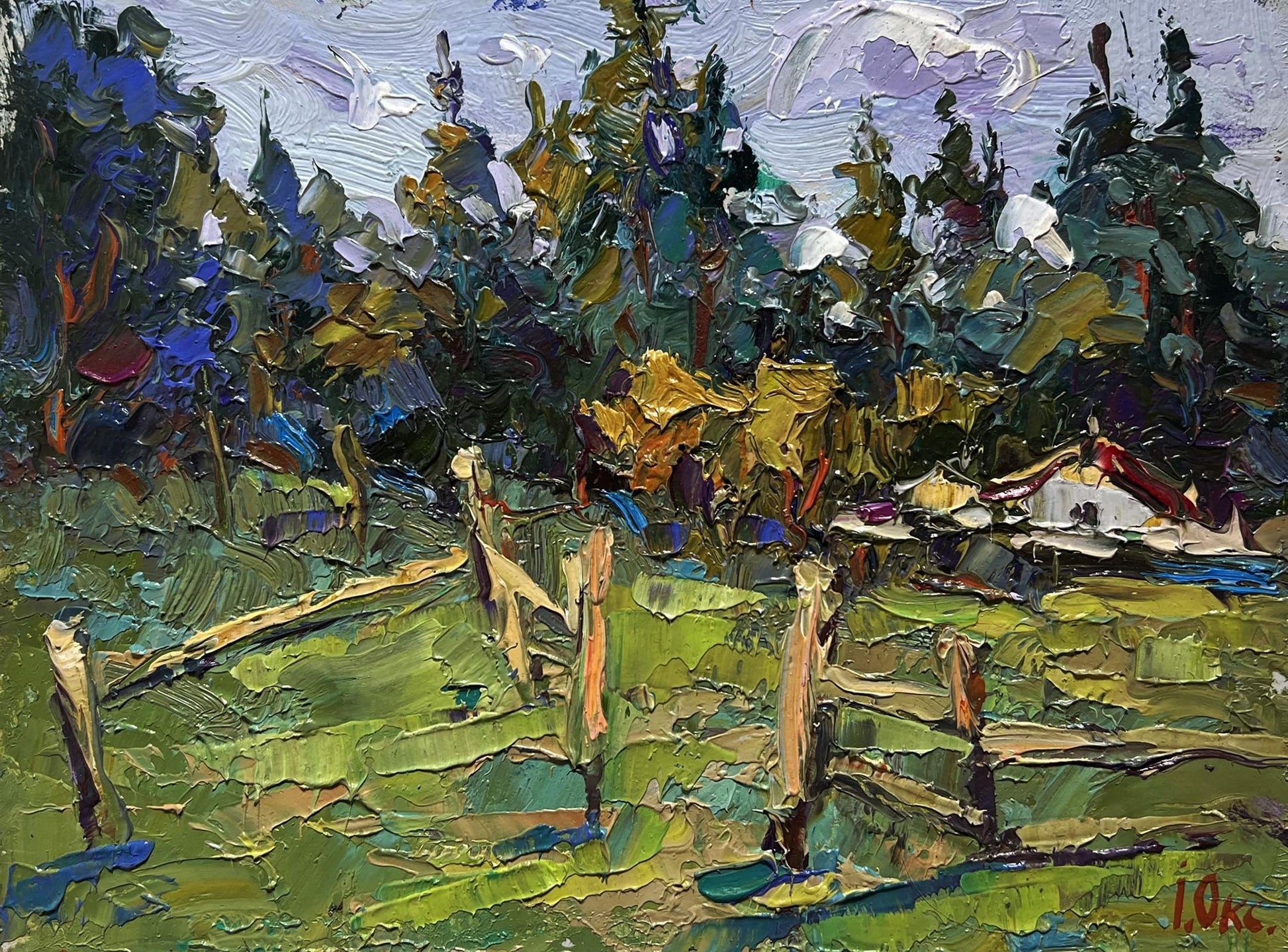 Vibrant impressionist oil painting by Oksana Ivanyuk: house near forest