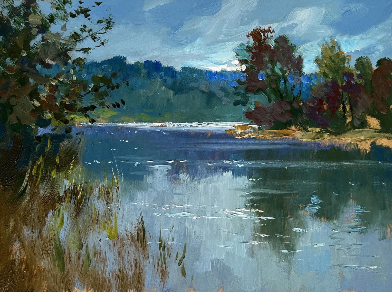 Serene impressionistic oil painting by Yuriy Suprunchuk of tranquil autumn lake