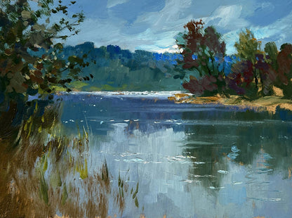 Serene impressionistic oil painting by Yuriy Suprunchuk of tranquil autumn lake