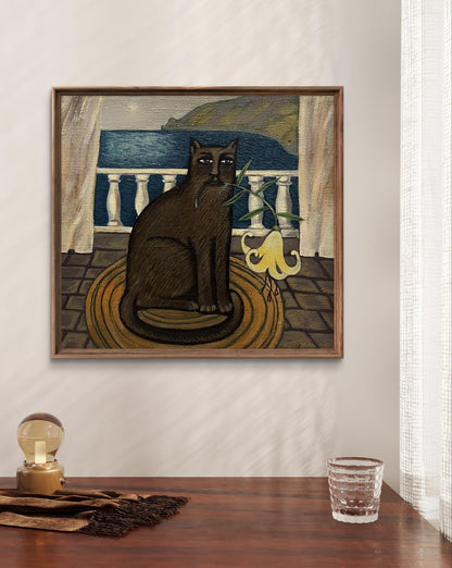 Oil painting Kitty by Yana Pervyakova: brown cat on rug with lily