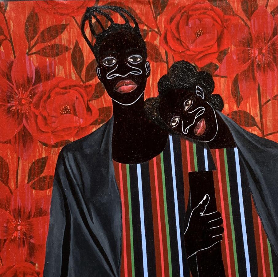 Stylized acrylic painting Support Among the Red Flowers by Akintomide Akinshola