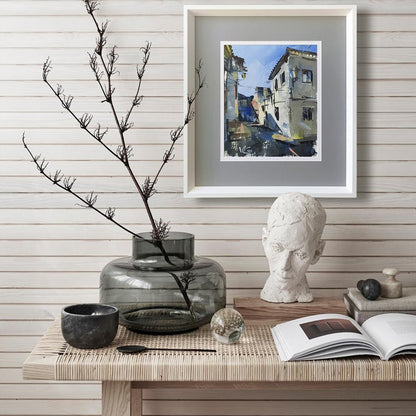 White framed Oil painting City streets Volodymyr Gluhomanyuk street scene
