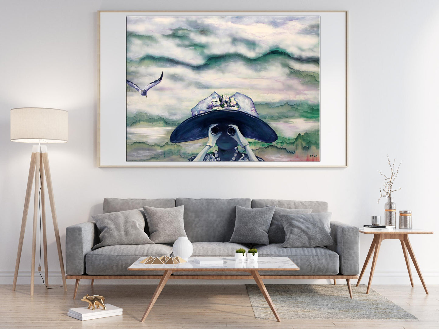 Framed watercolor of Distant Close by Igor Konovalov, hatted figure with binoculars