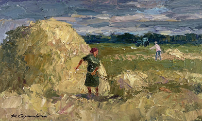 Impressionistic oil painting by Boris Serdyuk: woman in green dress by golden hay bale under cloudy sky